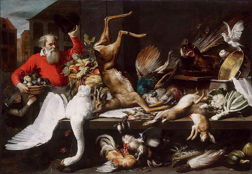 Frans Snyders (1579–1657), Still-Life with Dead Game, Fruits, and Vegetables in a Market (1614); Sursa: Wikimedia Commons
