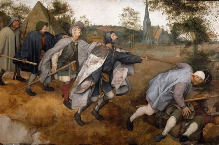 A painting of six blind men stumbling